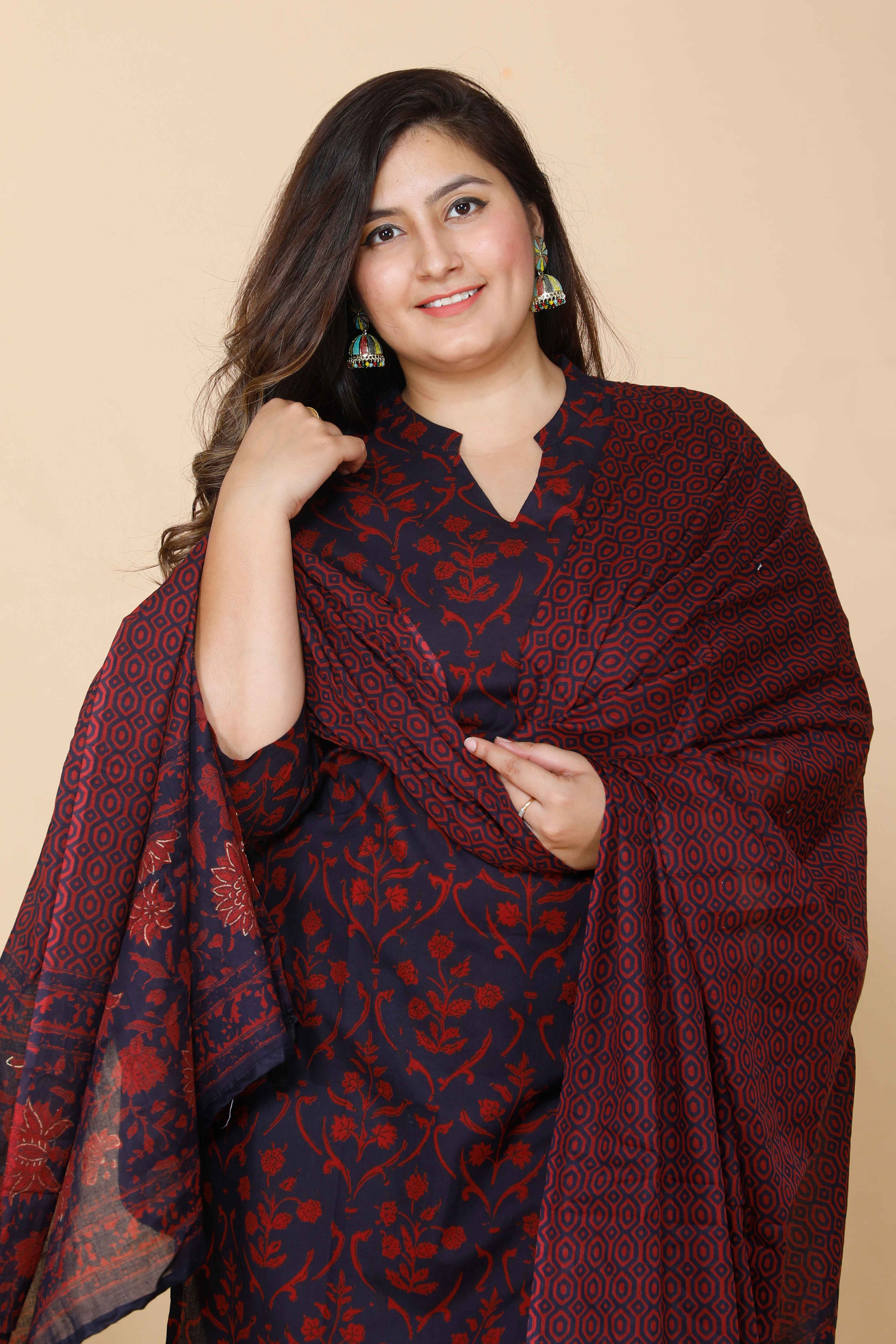 Maroon Floral Printed Cotton Kurta with Sharara and Dupatta Set